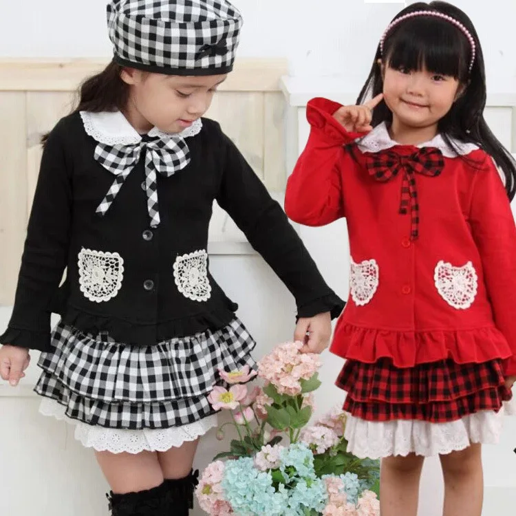 

2016 Autumn Female Child Set Plaid Bow 100% Cotton Three Pieces Set Children's Clothing Child Long-sleeve Sets