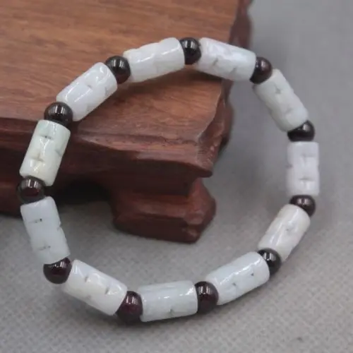 

Natural Grade A Jade Jadeite Hollow Tube Bead with Garnet Bead Lucky Bracelet