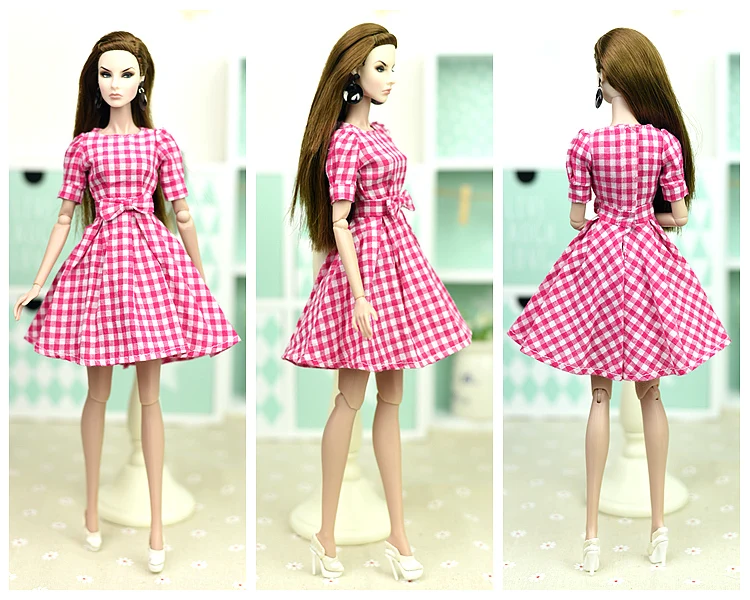 

Unique 2017 Pink Rose Grid Bowknot Princess Dress Clothes Outfit Accessories For Baby Toy Barbie Xinyi FR Doll toys for Girls