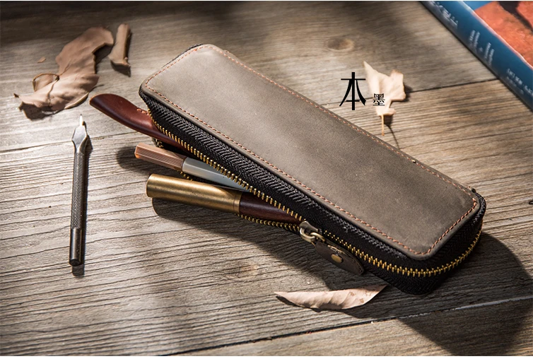 Camada de Couro Couro com Zíper tipo Simples Saco do Estilo Caixa de Lápis Saco dos Artigos de Papelaria Papelaria para Caneta Primeira Genuíno Caneta Retro para Caneta Tinteiro 8 Primeira camada de couro genuíno tipo zíper