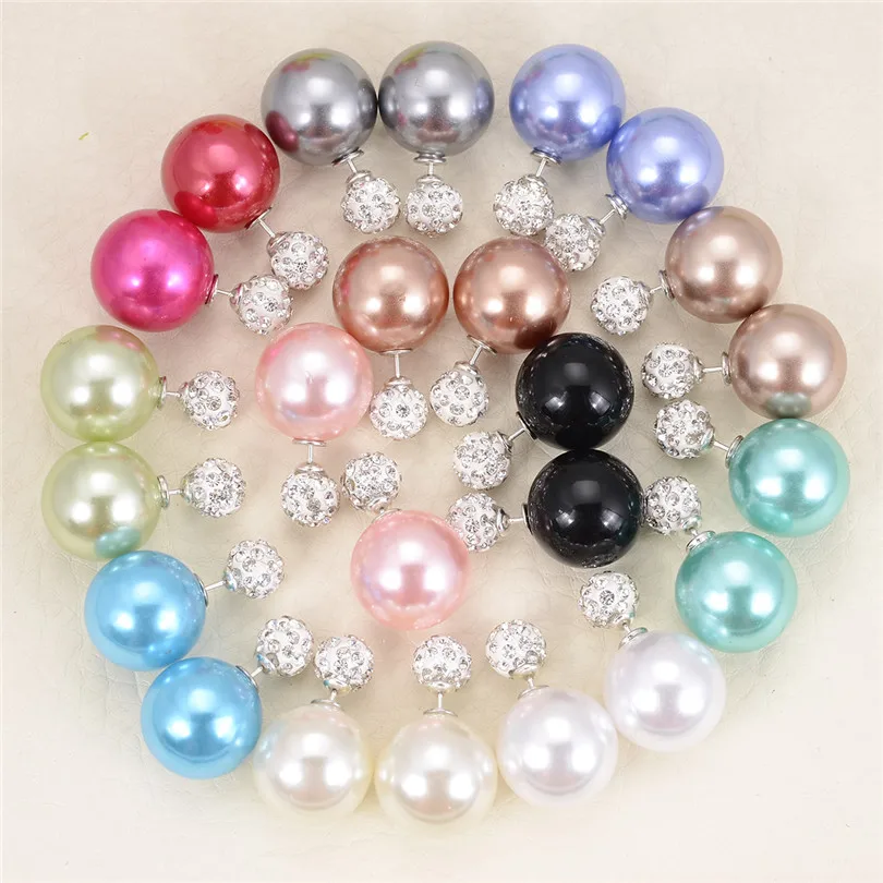 

10 pairs/lot Colorful Crystal Ball Pusety Earrings Women Double Side Imitation Pearl Stud Earring Party Jewelry Wholesale