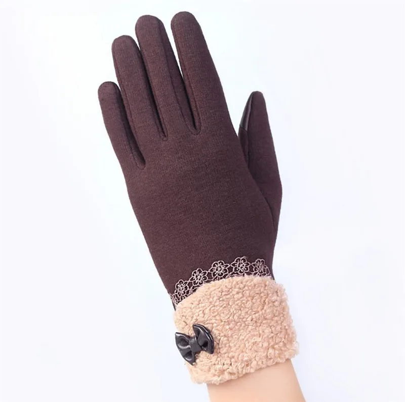 YRRETY, зимние модные теплые шерстяные кашемировые кружевные перчатки для женщин, украшенные бантом, женские перчатки на полный палец, хорошее качество, варежки - Цвет: G145 016A Brown