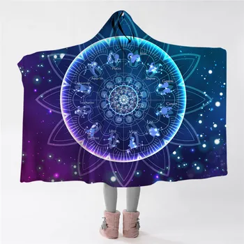 

Zodiac Hooded Blanket Lotus Mandala Sherpa Fleece Throw Blanket With Hat Galaxy Constellations Wearable Blanket