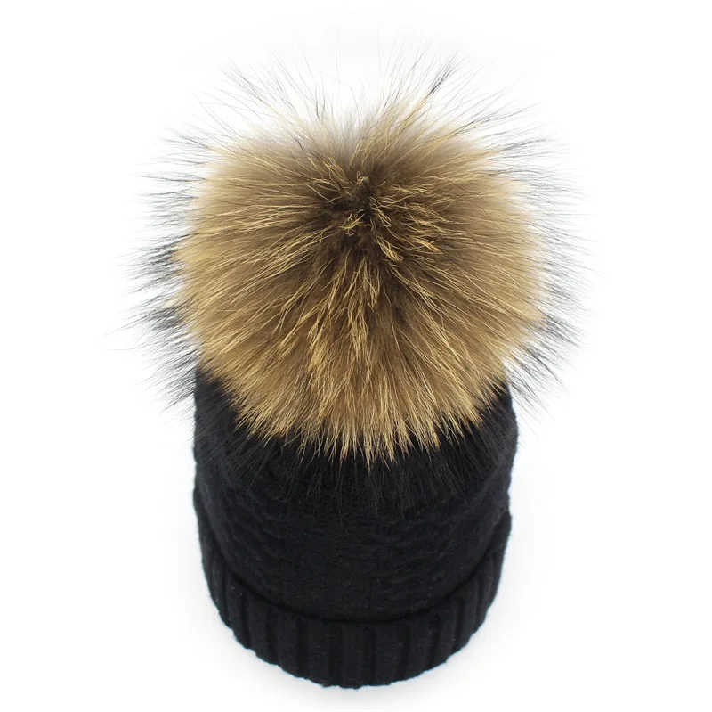 New winter wool knitted hat beanies with real mink fur pom poms Skullies natural raccoon Bobble Fur Pompom Pompon Hat caps