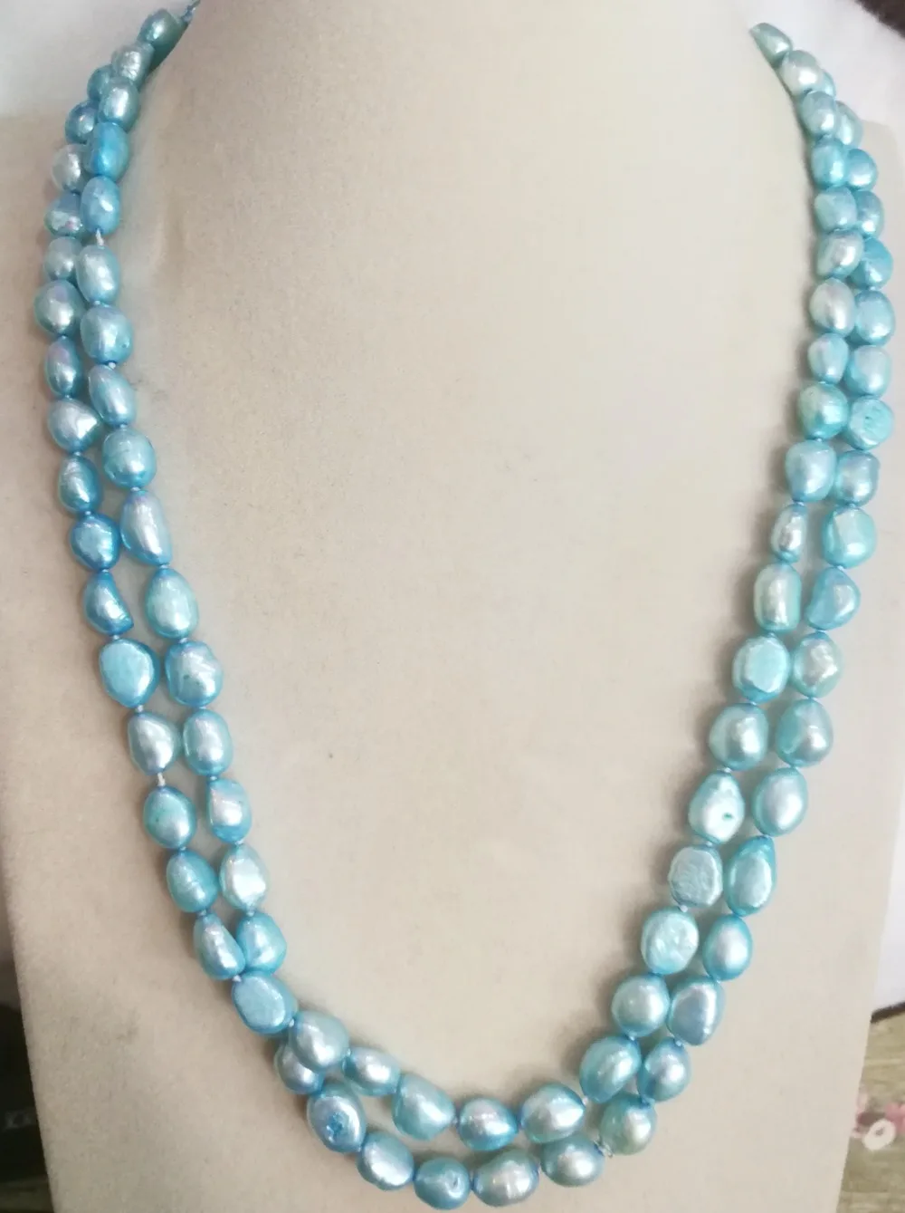 

wedding Women Jewelry 120CM 46inch Necklace 8-9mm Light Blue Pearl Baroque Natural Freshwater Pearl