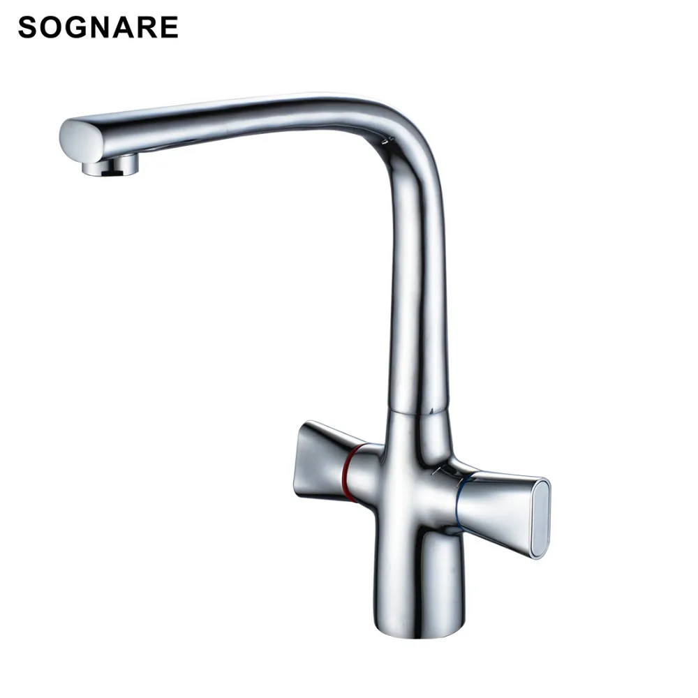 SOGNARE True Brass Kitchen Faucet Chrome Polished Double Handles Deck Mounted Cold and Hot 360 Degree