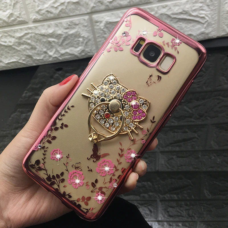 Luxury Diamond Kitty Cat Ring TPU Case For Samsung Galaxy S7 edge S6 S8 plus J5 J7 J3 2017 EU J530 Rhinestone Plating Back Cover (10)