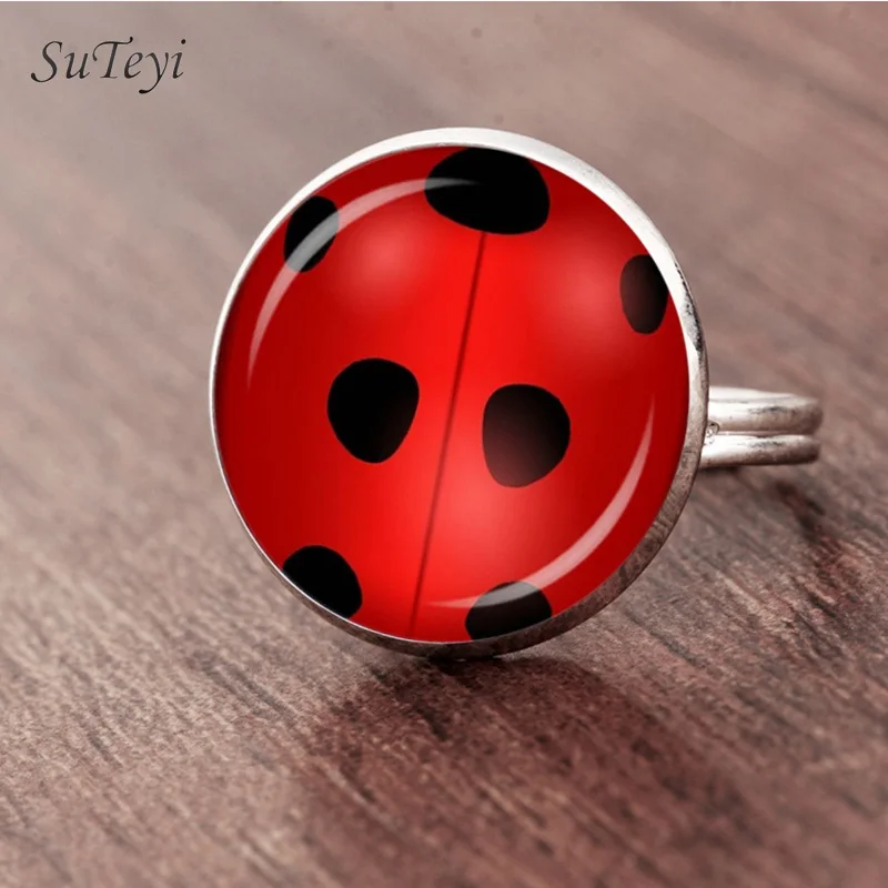 ring Suteyi, модные ожерелья, набор, божья коровка, Кристальные серьги, Круглое Стеклянное Ожерелье, божья коровка, серьги с изображением животных, браслет, кольцо, ювелирный набор - Окраска металла: ring