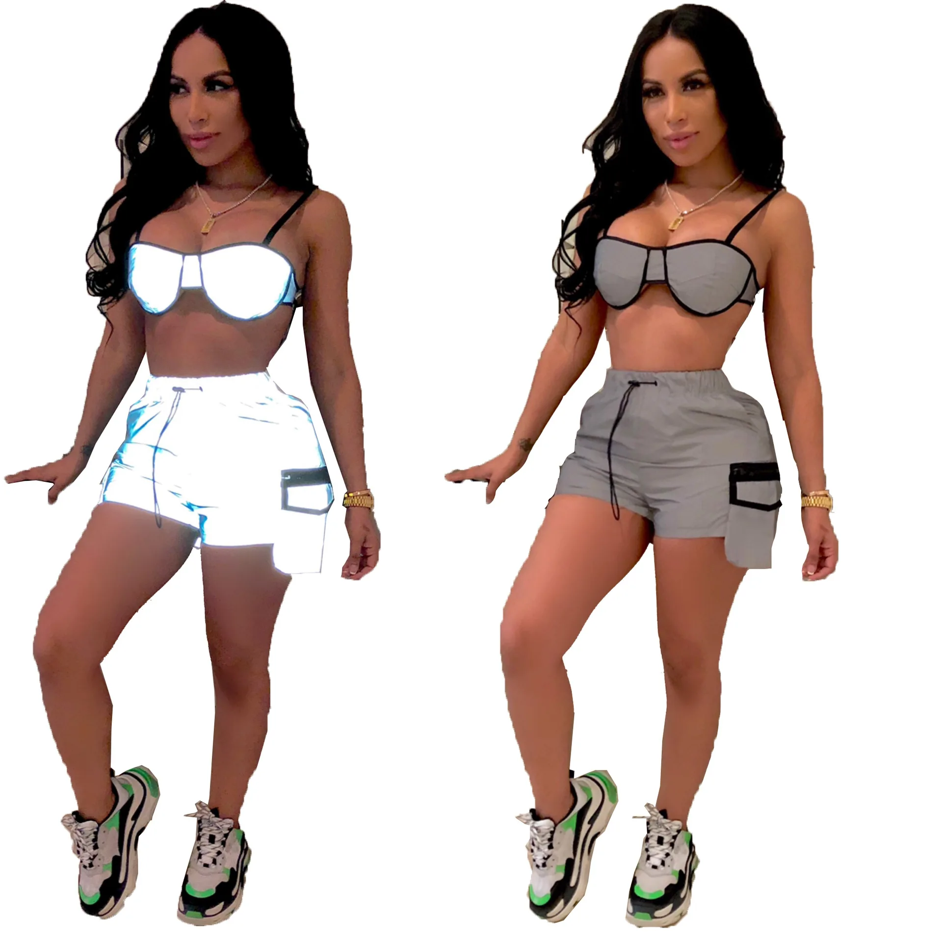 

2019 Women's Summer Reflective Spaghetti Strap Top Short & Shorts Suit Fashion Sport Two Piece Set Tracksuit Casual Dress