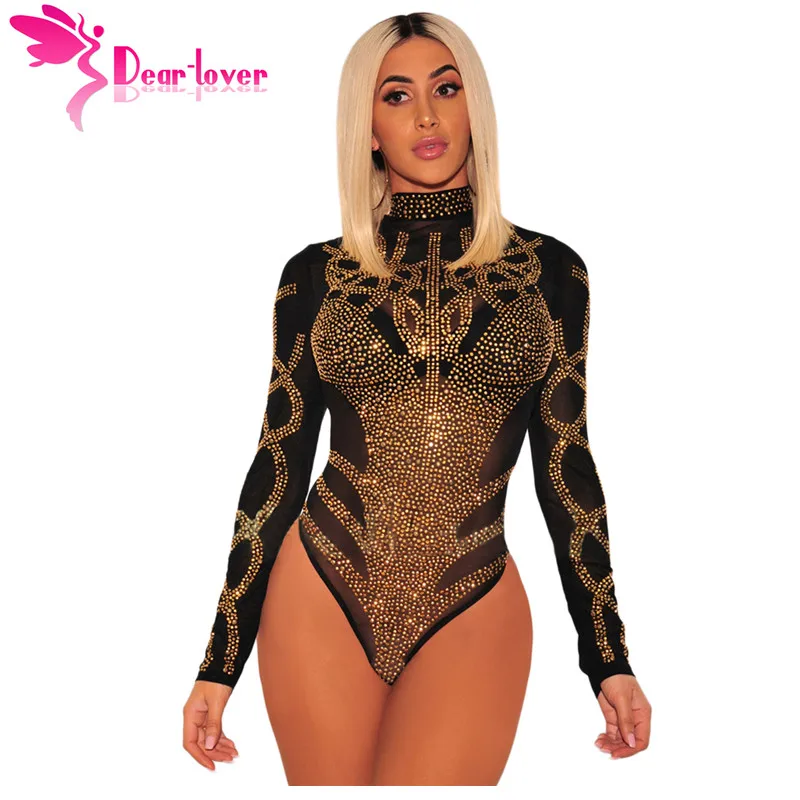 عزيزي عاشق مثير السروال القصير 2018 النساء Bodycon Clubwear الذهب الأسود حجر الراين فو بوستير شبكة طويلة الأكمام نحيل ارتداءها LC32210