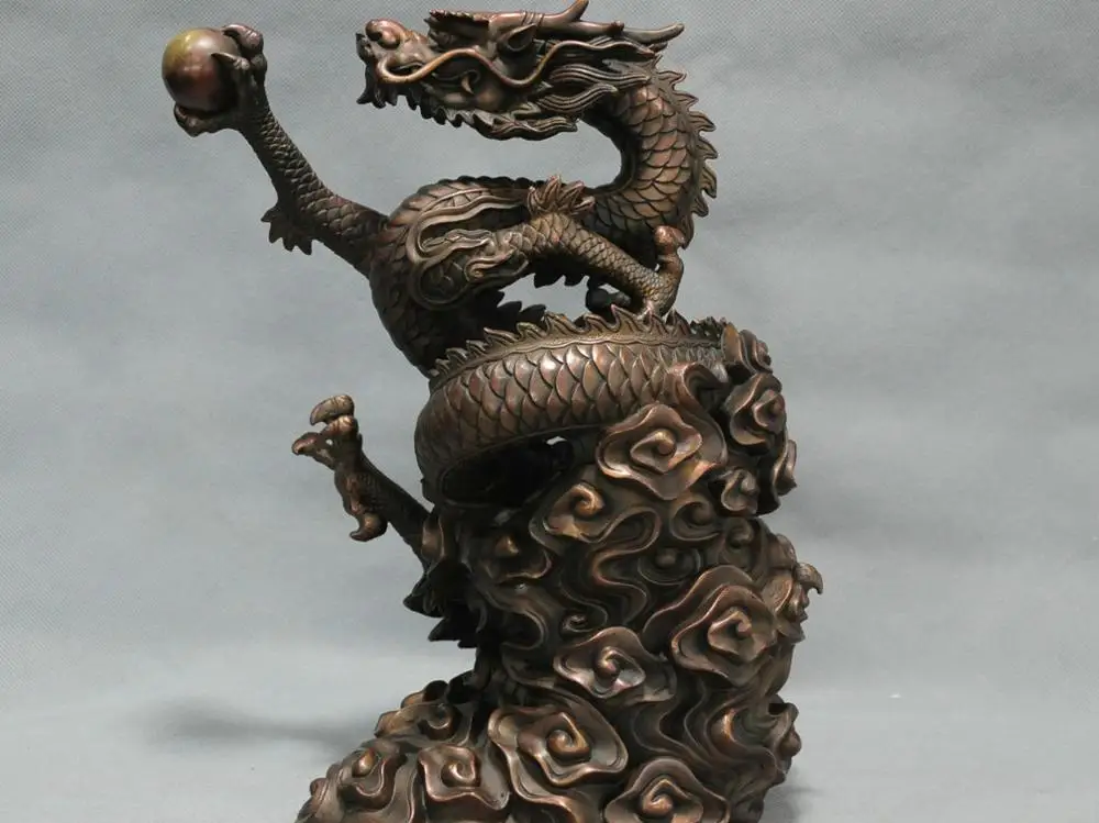 

12'' China Fengshui Zodiac Dragon Play Ball Pearl Bronze Statue