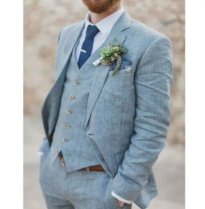 Светло-голубые льняные свадебные костюмы для мужчин приталенный костюм жениха на заказ из 3 предметов(куртка+ брюки+ жилет+ галстук) последний дизайн пальто брюки
