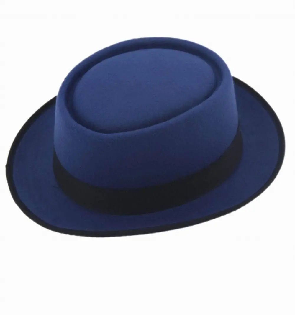 Унисекс Винтаж Фетр pork Pie поркпай фетровая шляпа Кепки Овальный коротким козырьком лента шляпа от солнца - Цвет: blue