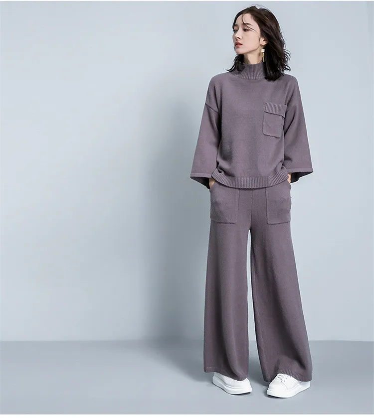 Women Loose Sweater suit Solid Knit 2 pcs set Spring Casual Wide Leg