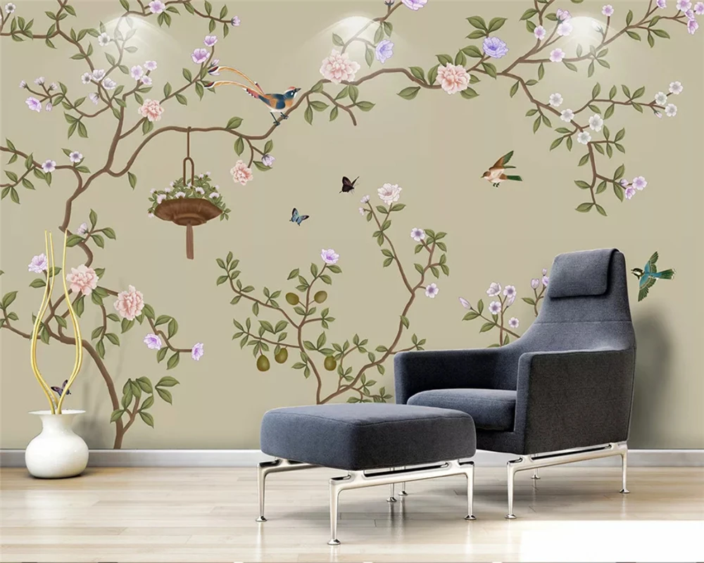 beibehang Custom wallpaper hand drawn flowers birds background plum blossom peach wall papers home decor papier peint | Обустройство