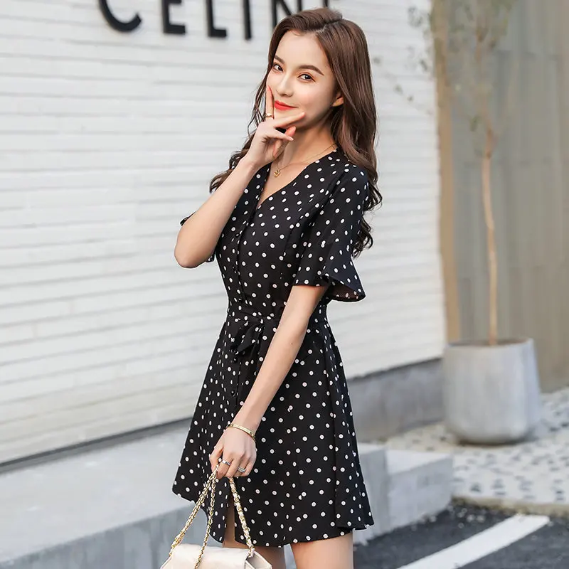 Women Dresses Summer Sexy Dot Print Short Sleeve V-neck Chiffon Vintage Ladies Mini Boho Evening Party Dress White 2019 Vestidos