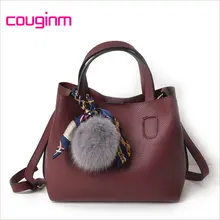 

COUGINM New Women PU Leather Handbags Composite Bag Plush Ball Pendant Large Shoulder Crossbody Bag Ladies Designer Tote Handbag