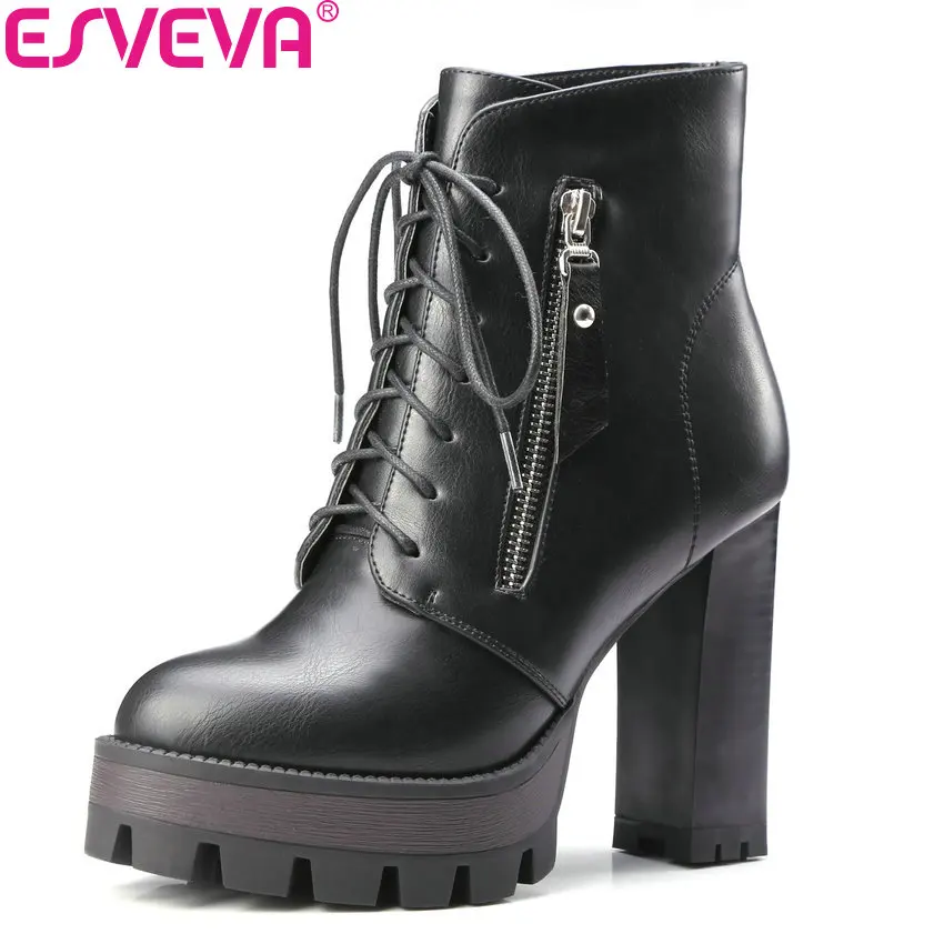 Achat ESVEVA 2018 Lacets Style Occidental Femmes Bottes Plate Forme PU Automne Chaussures À Talons Hauts Épais Hiver Chaussures Femme Bottines taille 34 42