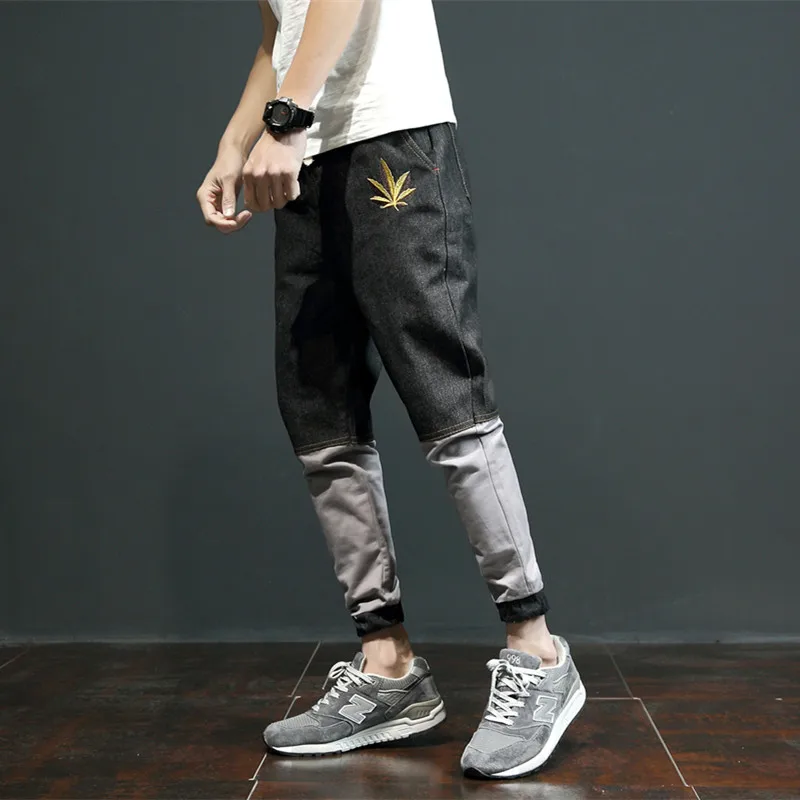 

Loldeal 2018 spring stitching embroidered feet jeans men's large size feet pants harem pants