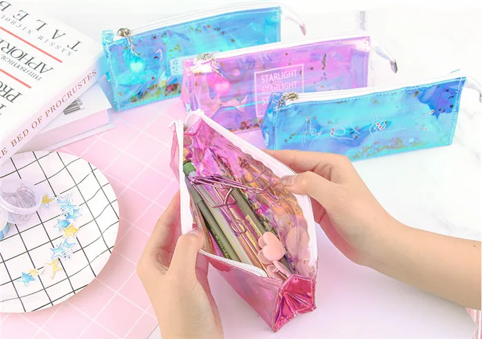 Fashion Harajuku Charms Zipper Hologram Metallic Color Sequin Transparent Laser Pencil Case Woman Cosmetics Makeup Bag Handbag (8)