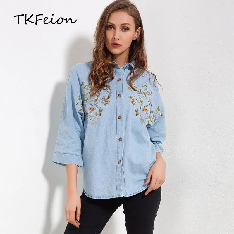 Womens Denim Shirt Flowers Embroidered 2018 New Style Spring Summer ...