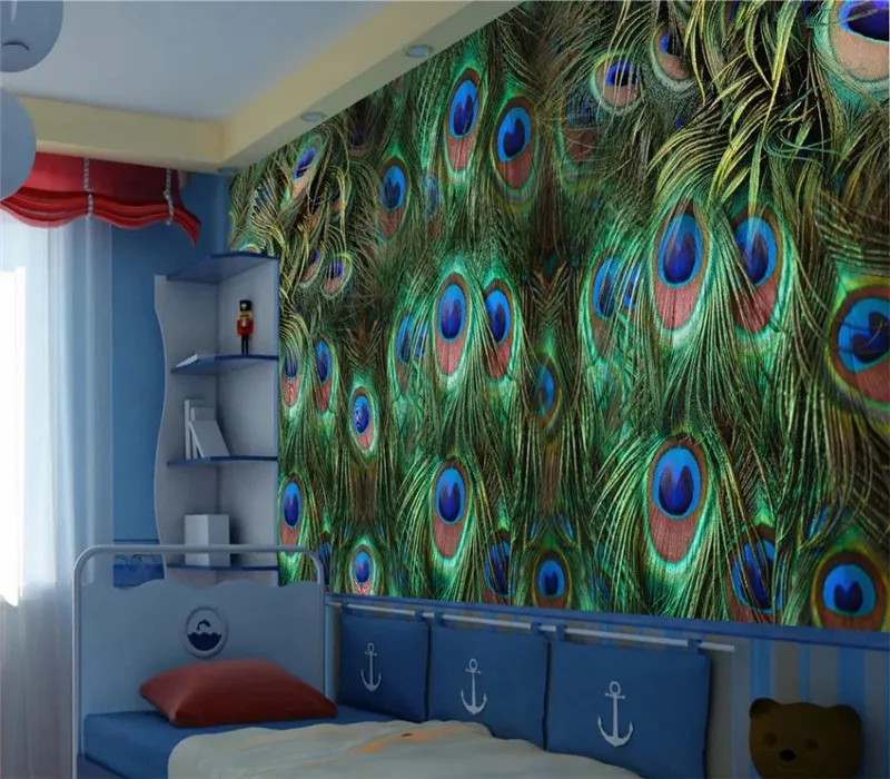 Custom wallpaper creative peacock feather TV living room wall decoration waterproof material Custom wallpaper creative peacock feather TV living room wall decoration waterproof material