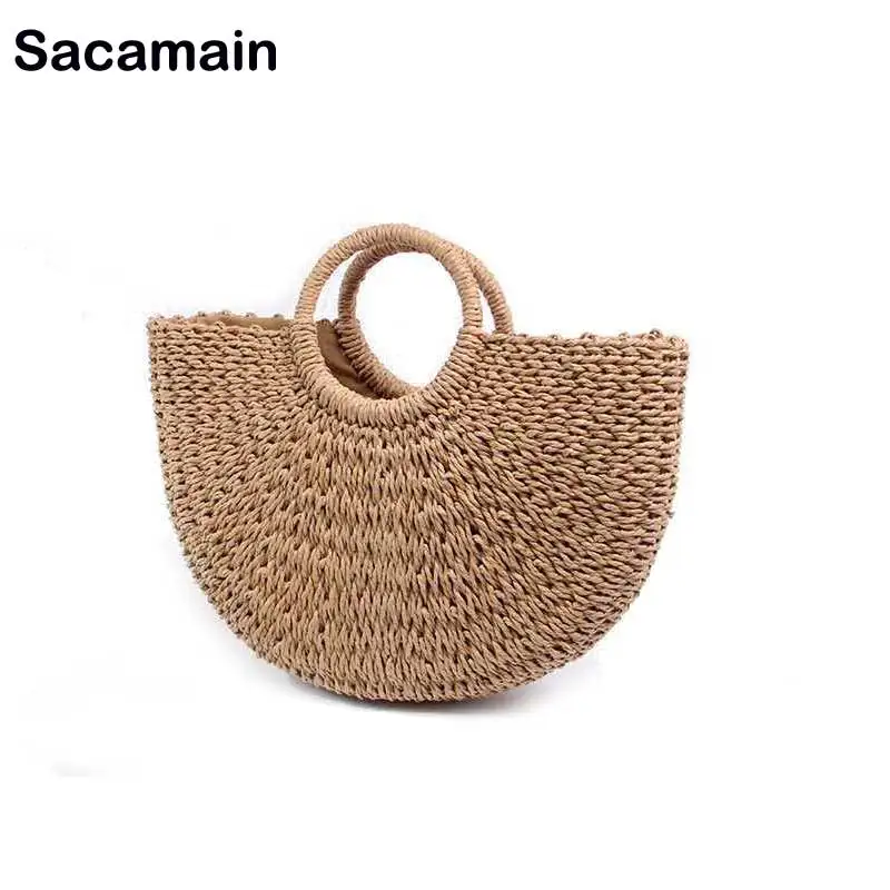 

2018 Handmade Female Beach Bags Weaving Ladies Knitting Straw Bag Hairball Moon Shaped Ladies Handbags Vacation Totes Rattan Bag