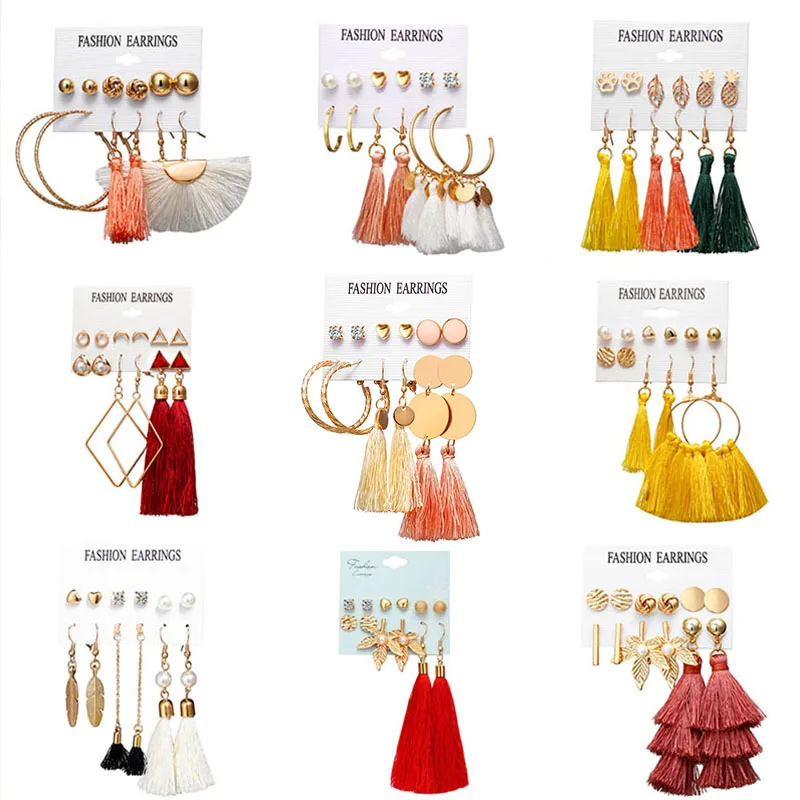 

Luxury New Costly 9 Different Styles of Crystal Earrings For Women Tassel Cotton Pearl Earrings Boho Style Flower Stud Earrings