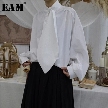 

[EAM] 2020 New Spring Autumn Stand Collar Long Sleeve White Loose Split Joint Brief Large Size Shirt Women Blouse Fashion JI428
