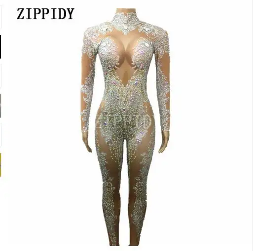 Fashion AB Rhinestones Sparkly Jumpsuit  Sexy Nude Big Stretch Dance Costume One-piece Bodysuit Birthday Outfit Party 