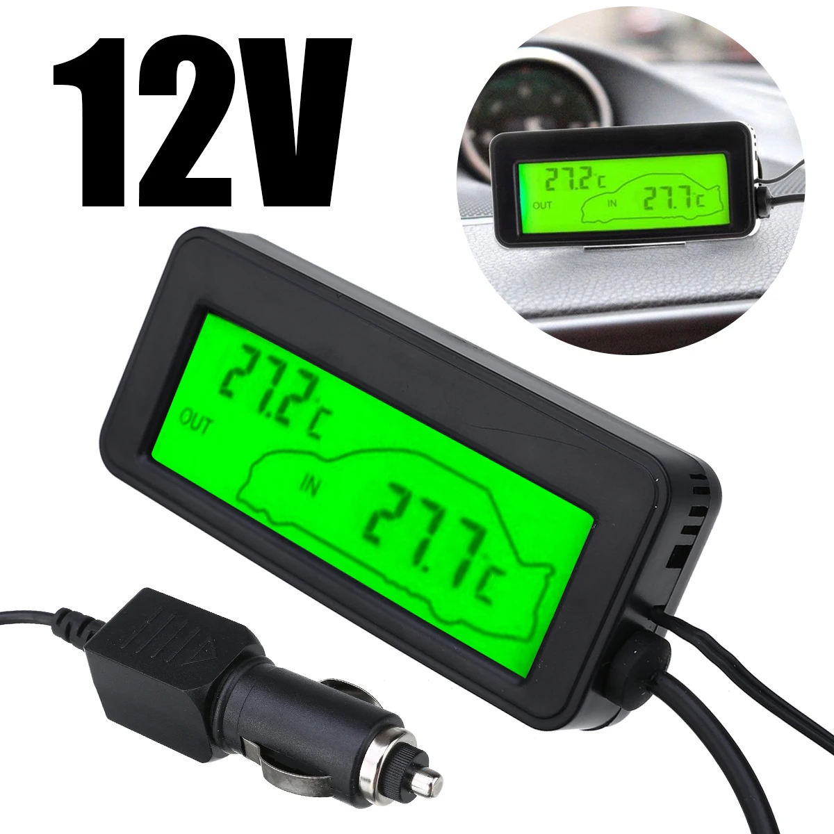 Mayitr 1pc 12V Car Green LCD Digital Display Thermometer Inside And Outside With Cigarette Lighter Cable