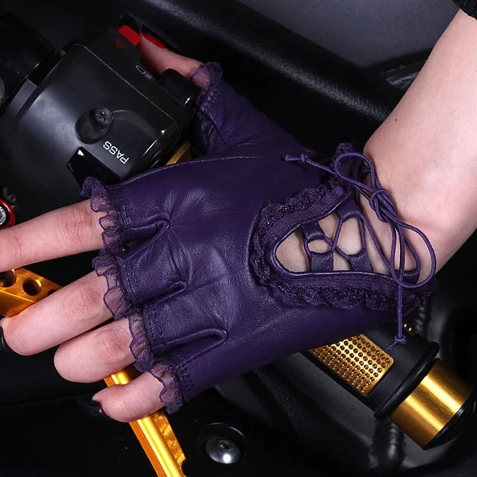 Брендовые женские модные перчатки из овчины, перчатки для хип-хоп выступлений, тонкие кожаные перчатки с кружевом для женщин L005N