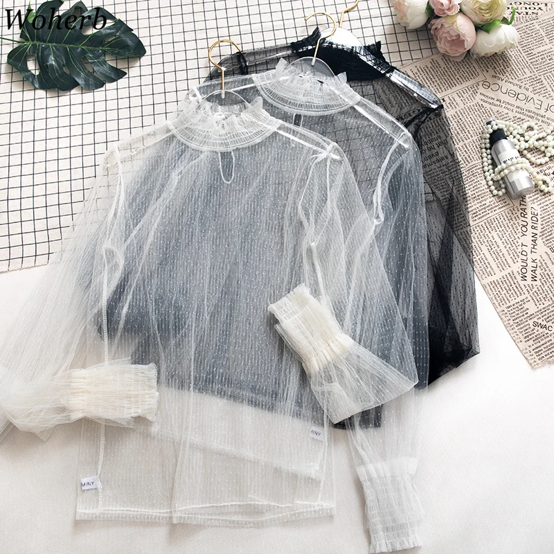 

Woherb Sexy Perspective Lace Shirt Women Gauze See Through Mesh Tops Blouse 2019 Summer Basic Clothes Korean Fashion Blusas
