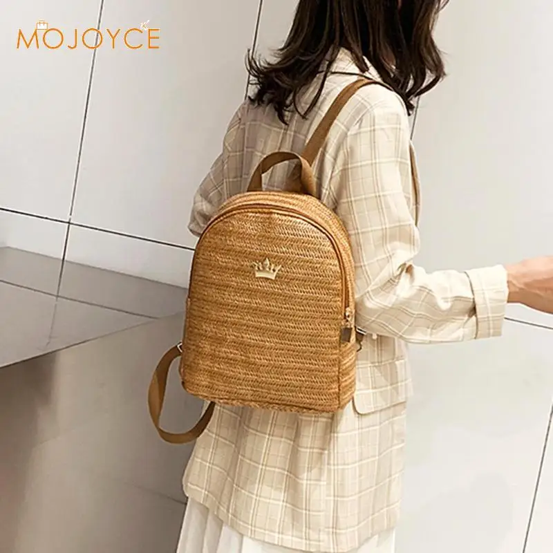 

Straw Woven Travel Backpacks Women Crown Decor Design Shoulder School Bags Backpacks Crown Decor Knapsack bolsa feminina
