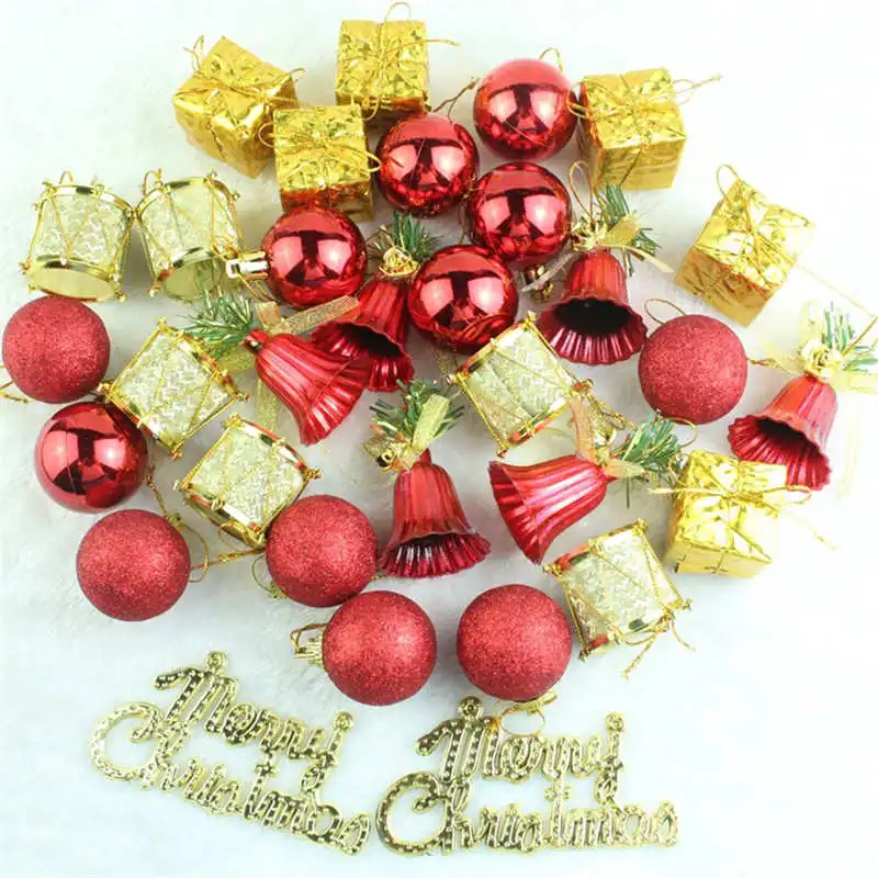 32 шт./упак. Рождество орнамент мини-подарочная коробка звезды мяч шишка шары Рождество дерево Подвеска Xmas Украшения Аксессуары - Цвет: Gold with red