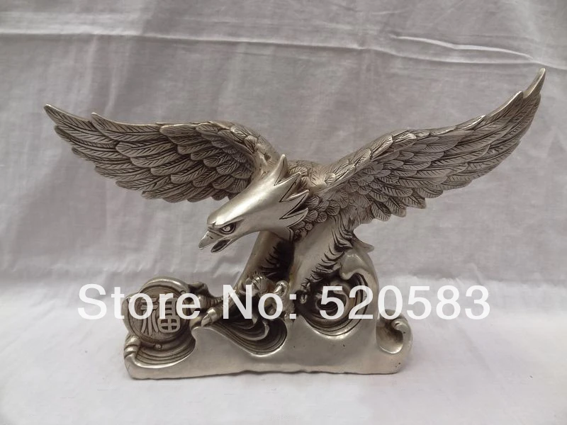 

13" China Silver Bird Sculpture Fu Fly Eagle Hawk Brass King Of Birds Statue