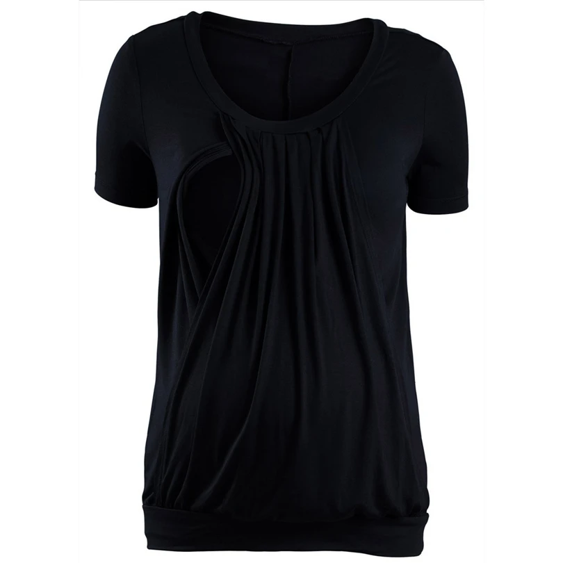 

Women's Pregnant Solid Color Wrinkled Double Layer Nursing T-shirt Summer Short Sleeve Casual Maternity Breastfeeding Tops A30
