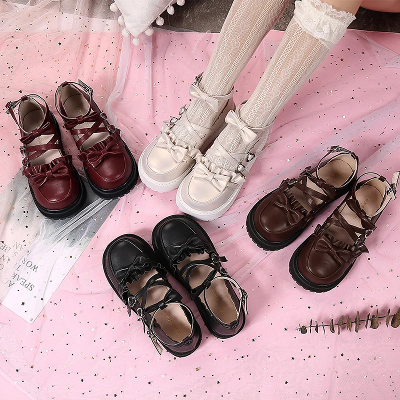 

Japanese sweet lolita shoes lace ruffle cute bowknot cross buckle kawaii shoes round head thick bottom women shoes loli cosplay