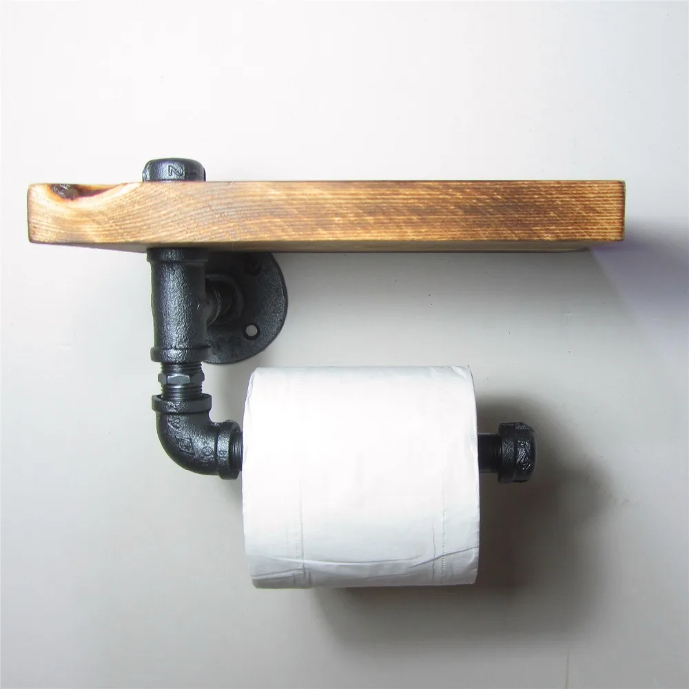 

Vintage Handicraft Urban Industrial Wall Mount Wood Storage Shelf Iron Pipe Toilet Paper Holder Roller Restaurant Restroom