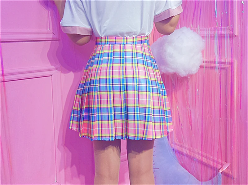 Harajuku клетчатая плиссированная юбка с высокой талией, повседневная Радужная трапециевидная юбка, милая корейская форма, Женская кавайная юбка средней длины