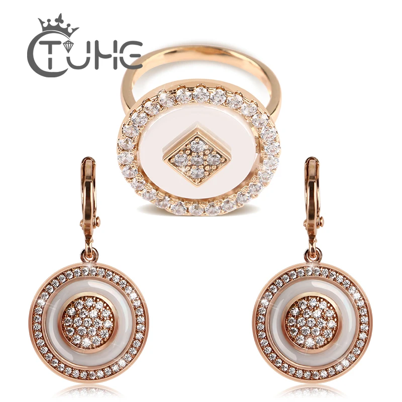 Большие круглые кольца серьги Ювелирные наборы для женщин 585 розовое золото черные белые керамические кольца серьги ювелирные изделия свадебный подарок