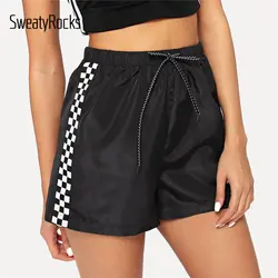 SweatyRocks плед панель Drawstring талии шорты для женщин Active Wear для Мода черный лето 2019 г. фитнес шорты для спорта и отдыха