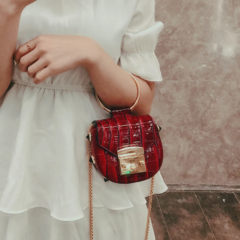 

Stone pattern Mini Saddle Bag Metal Ring Tote bag 2019 New Quality Leather Women's Handbag Lock Chain Shoulder Messenger Bag