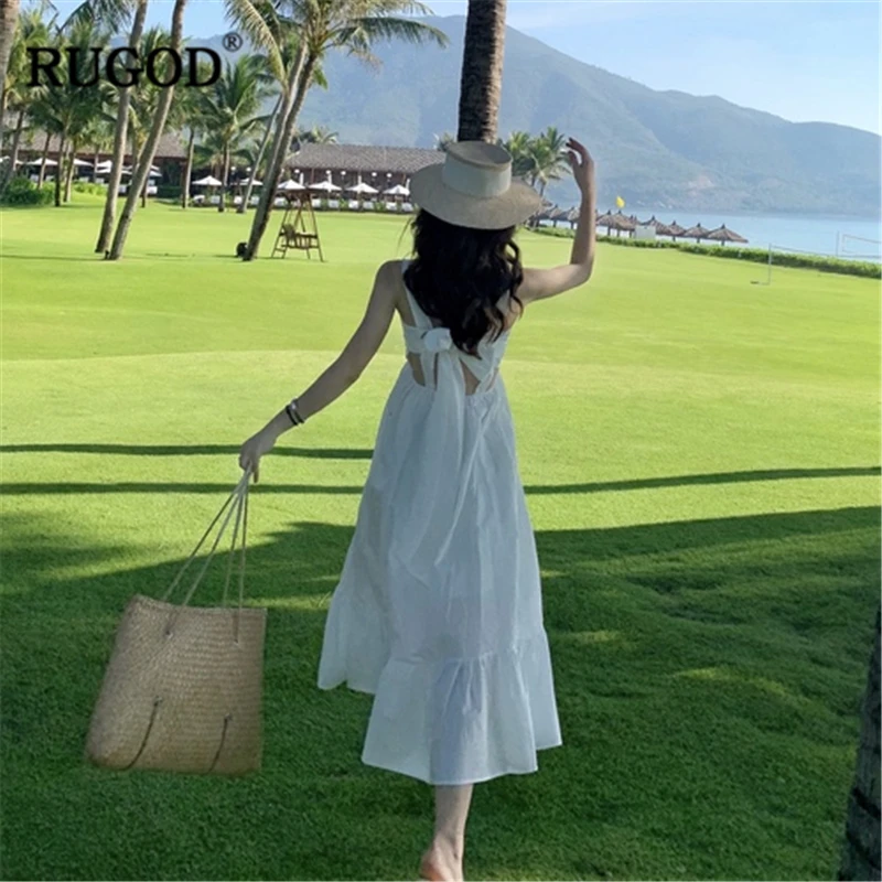 

RUGOD 2019 Summer Women Solid Dress Spaghetti Strap Slash Neck Sleeveless Backless Lace Vestidos Temperament Modis платье