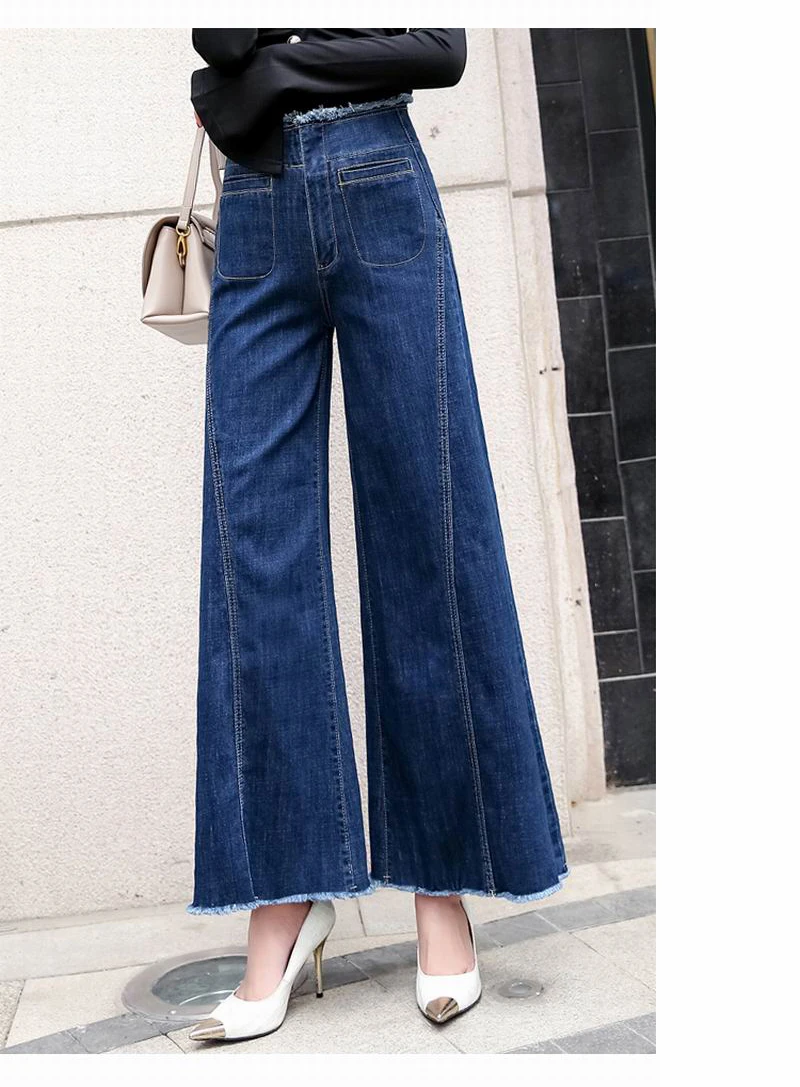Весенние потертые прямые джинсы женские с высокой талией Широкие джинсовые брюки плюс размер заусенцы укороченные брюки винтажные синие брюки женские