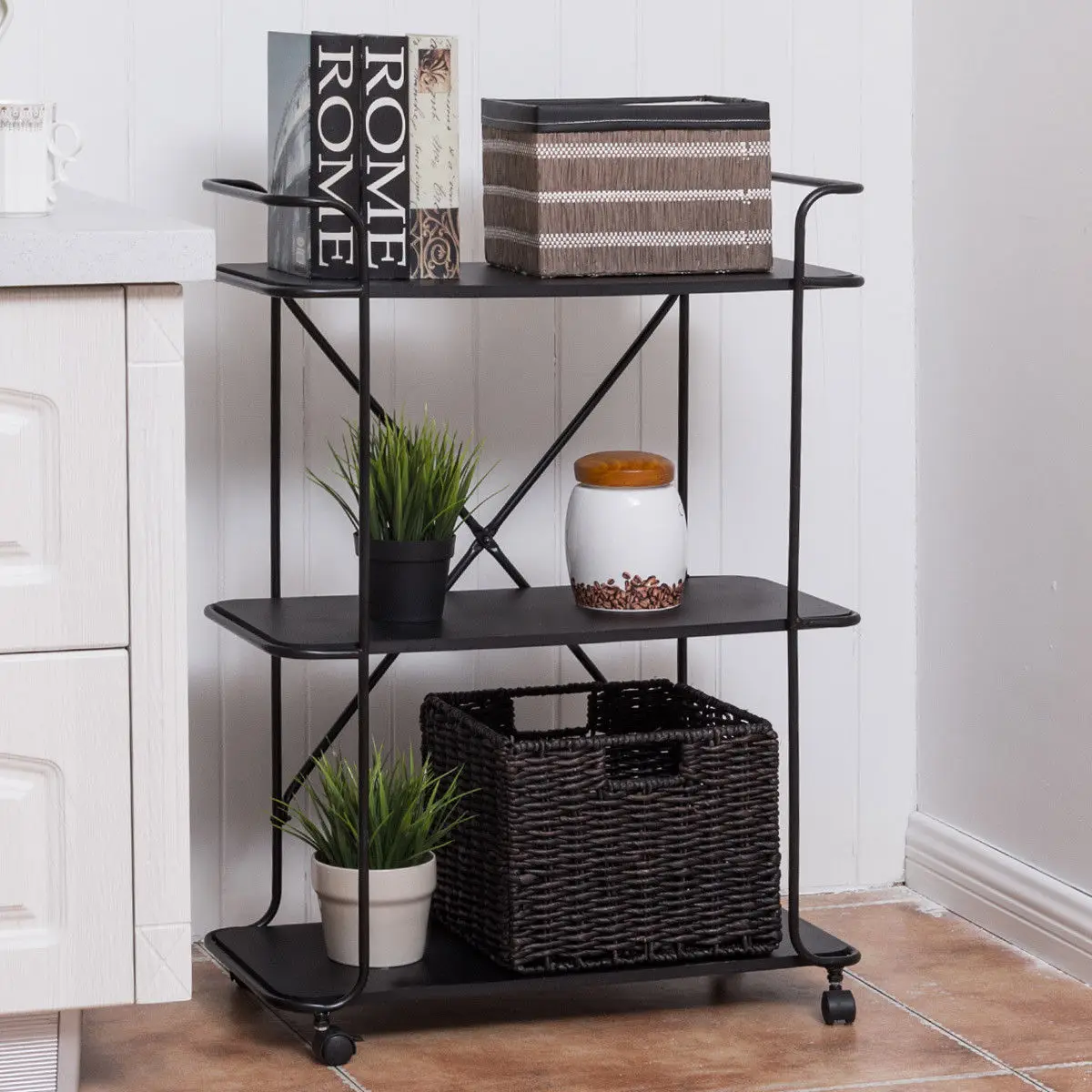 Giantex 3 Tier Metal Portable Rolling Cart Storage Rack Living Room Bookshelf Display Utility Organizer HW56050BK