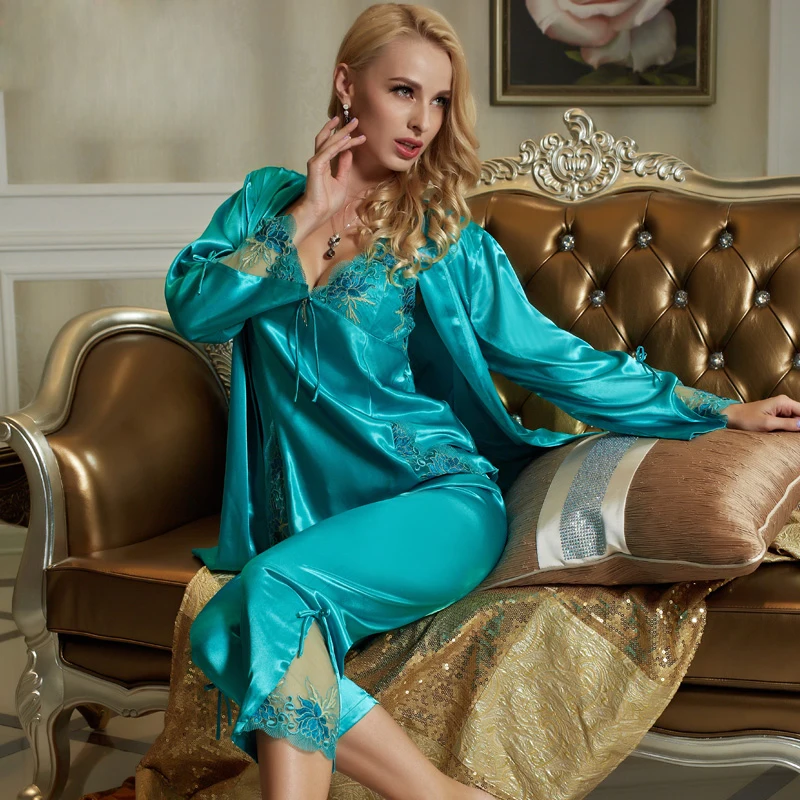 Xifenni Pajama Sets Female Faux Silk Sleepwear Women Sexy Satin SILK Pyjamas Long-Sleeve Sexy Lace Home Clothing 1533