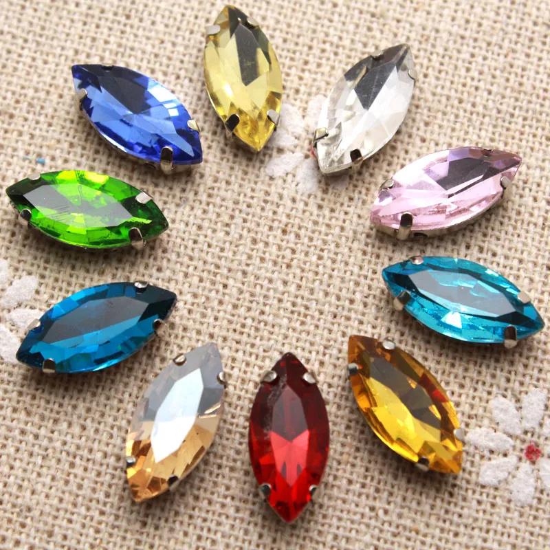 

50pcs 9x18mm Crystal Colorful Navette Sew On Rhinestone With Claw Setting Silver Back Fancy Stone With Metal Claw With Holes