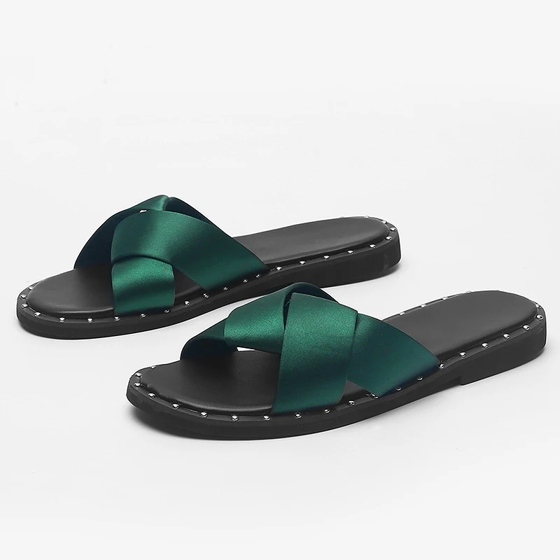 

{D&Henlu}Women Flip Flops Flat Sandals 2019 Knotted Slippers Summer Slides Woman Casual Flat Heel Sandals And Shoes Women Green