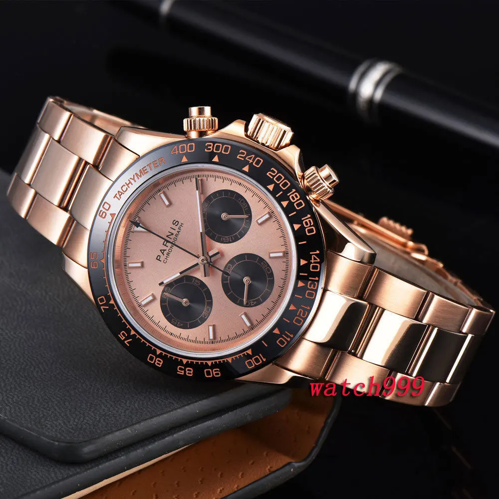 39 мм Парнис розовое золото корпус часов мужские часы стали браслет светящийся Сапфир кристалл полный хронограф Мужские кварцевые часы
